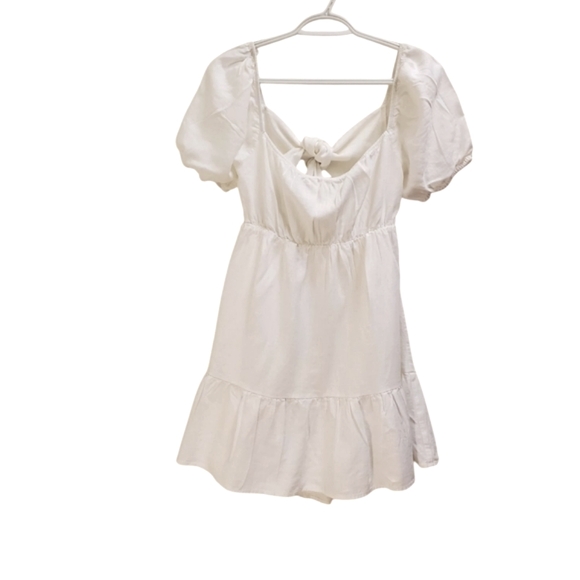 White Mini Dress Tie Back Puff Sleeve Ruffle Hem Summer Dress - Picture 8 of 10